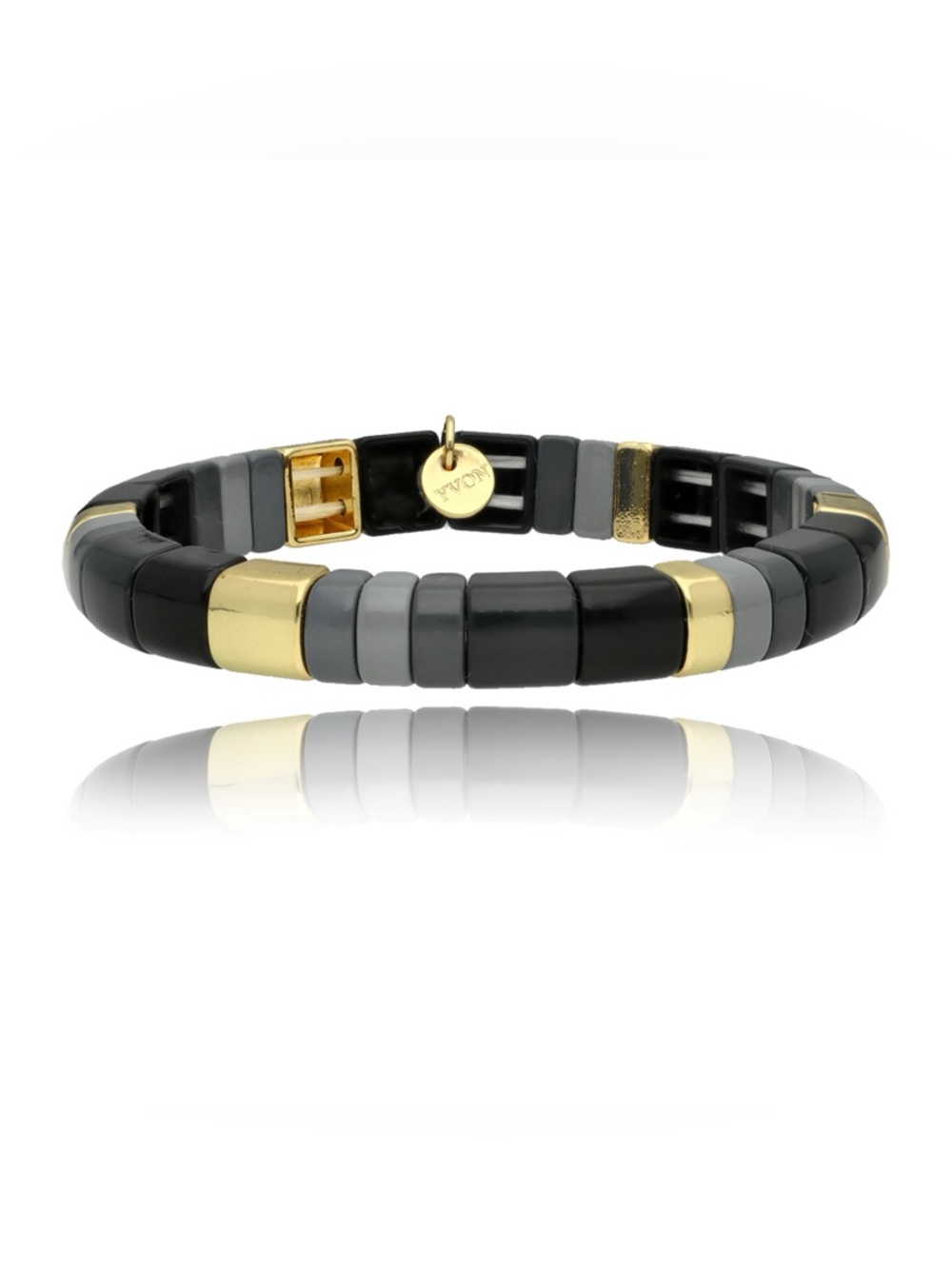 Beaded Stretch Bracelet with Gold Accent - Black & Gray